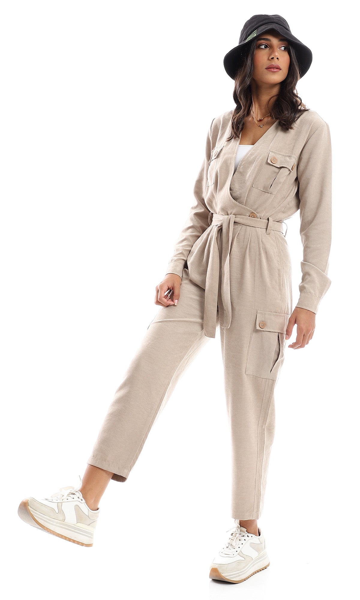 97575 Double Closure Full Sleeves Jumpsuit - Beige