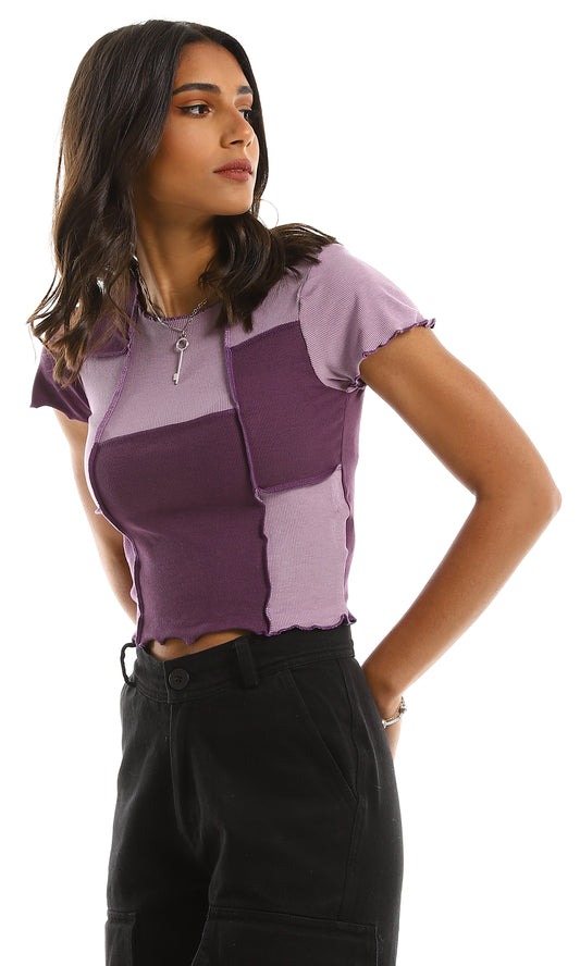 97595 Bi-Tone Fluffy Ribbed Cropped Top - Purple Shades