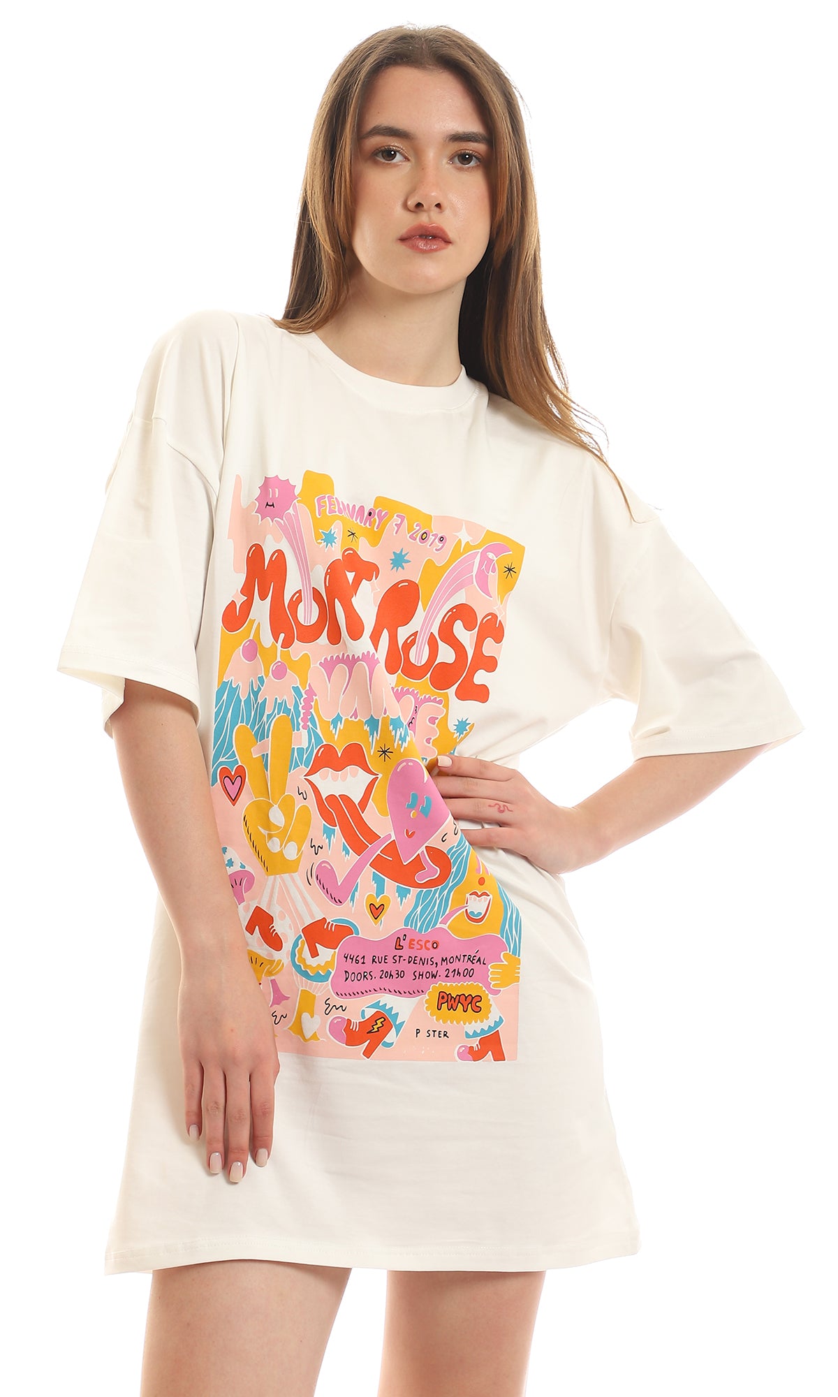 Women's Graphic Print Oversized T-Shirt Dress - White - 97596