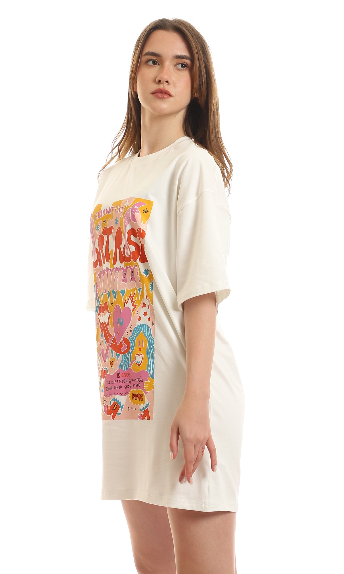 Women's Graphic Print Oversized T-Shirt Dress - White - 97596