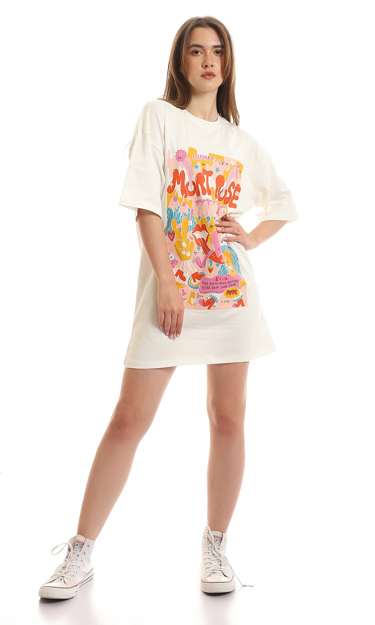 Women's Graphic Print Oversized T-Shirt Dress - White - 97596