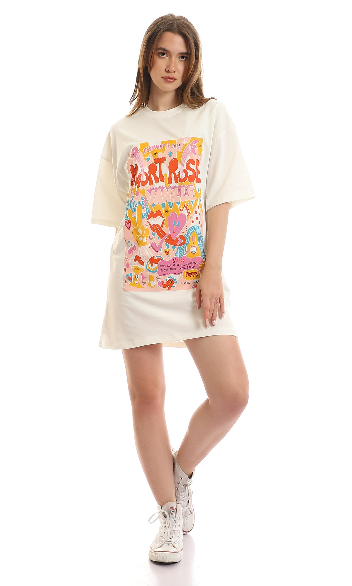 Women's Graphic Print Oversized T-Shirt Dress - White - 97596