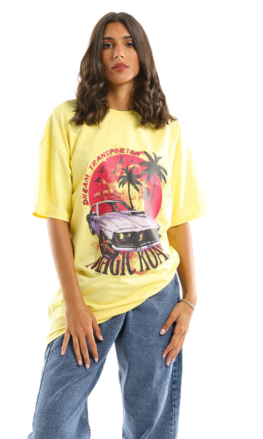 97597 "Dream Transporter" Printed Oversized Summer Tee - Yellow
