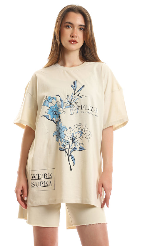 97619 Floral Printed Short Sleeves Light Beige Tee