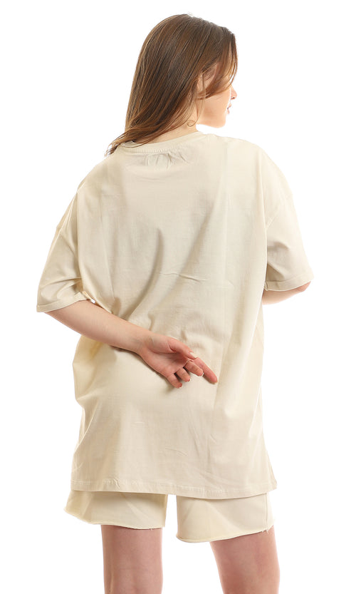 97619 Floral Printed Short Sleeves Light Beige Tee
