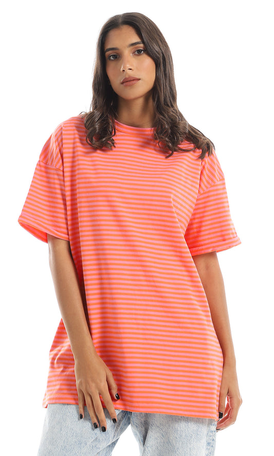 97622 Striped Loose Short Sleeves Orange & Pink Tee
