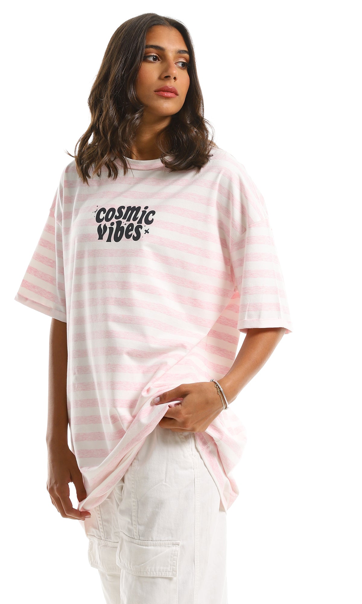 Pink Striped Cosmic Vibes Oversized Tee - 97623
