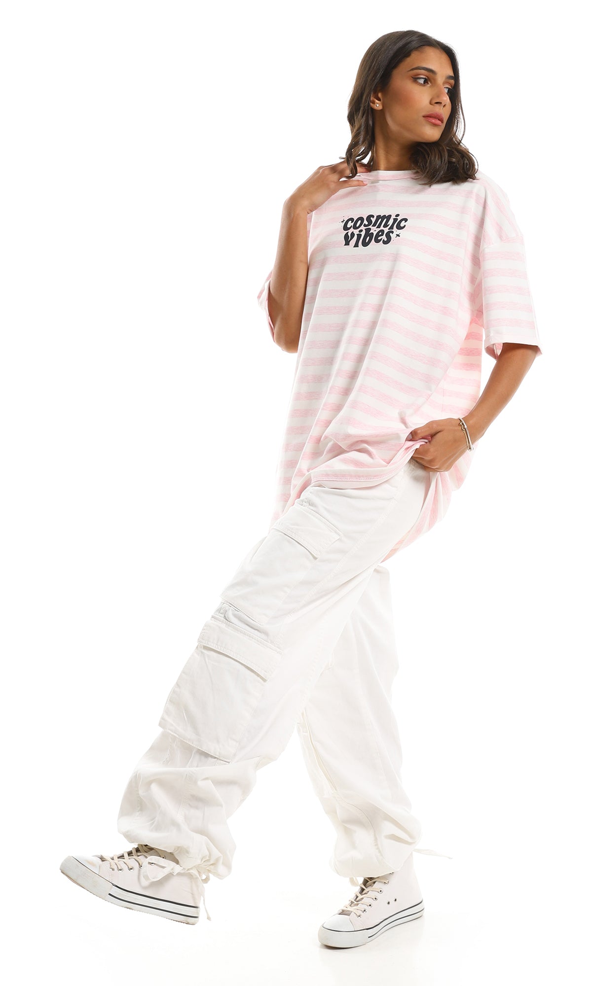 Pink Striped Cosmic Vibes Oversized Tee - 97623