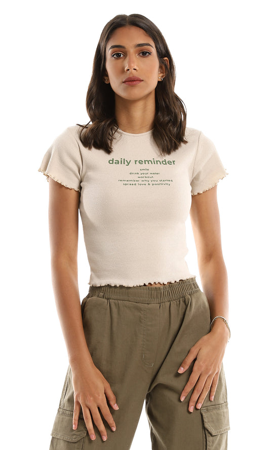 97630 "Daily Reminder" Round Neck Pale Beige Cropped Tee