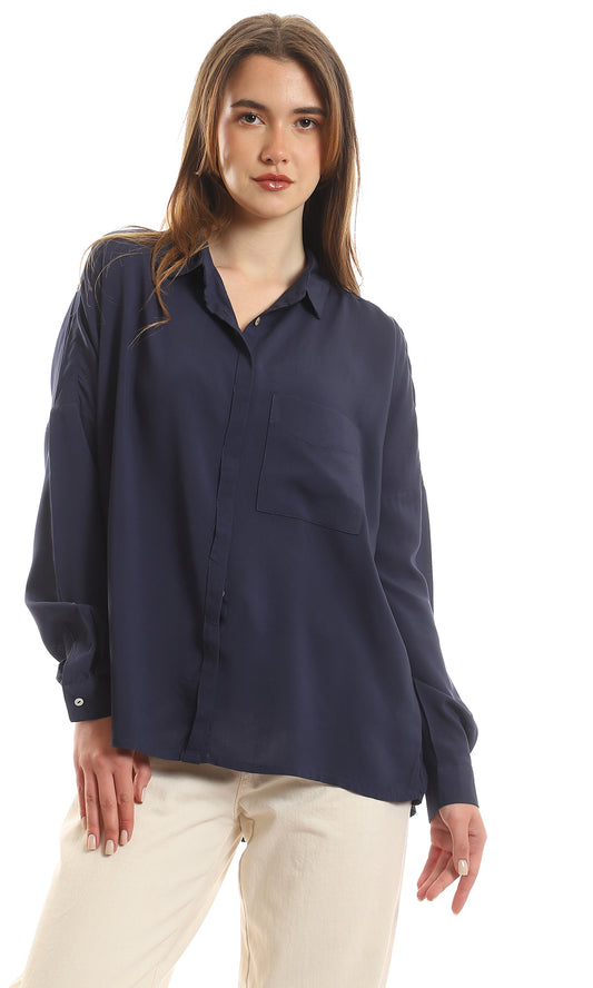 97631 Full Hidden Buttons Long Sleeves Shirt - Navy Blue