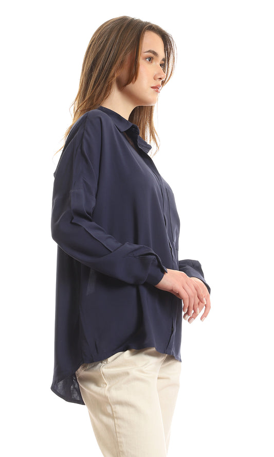 97631 Full Hidden Buttons Long Sleeves Shirt - Navy Blue