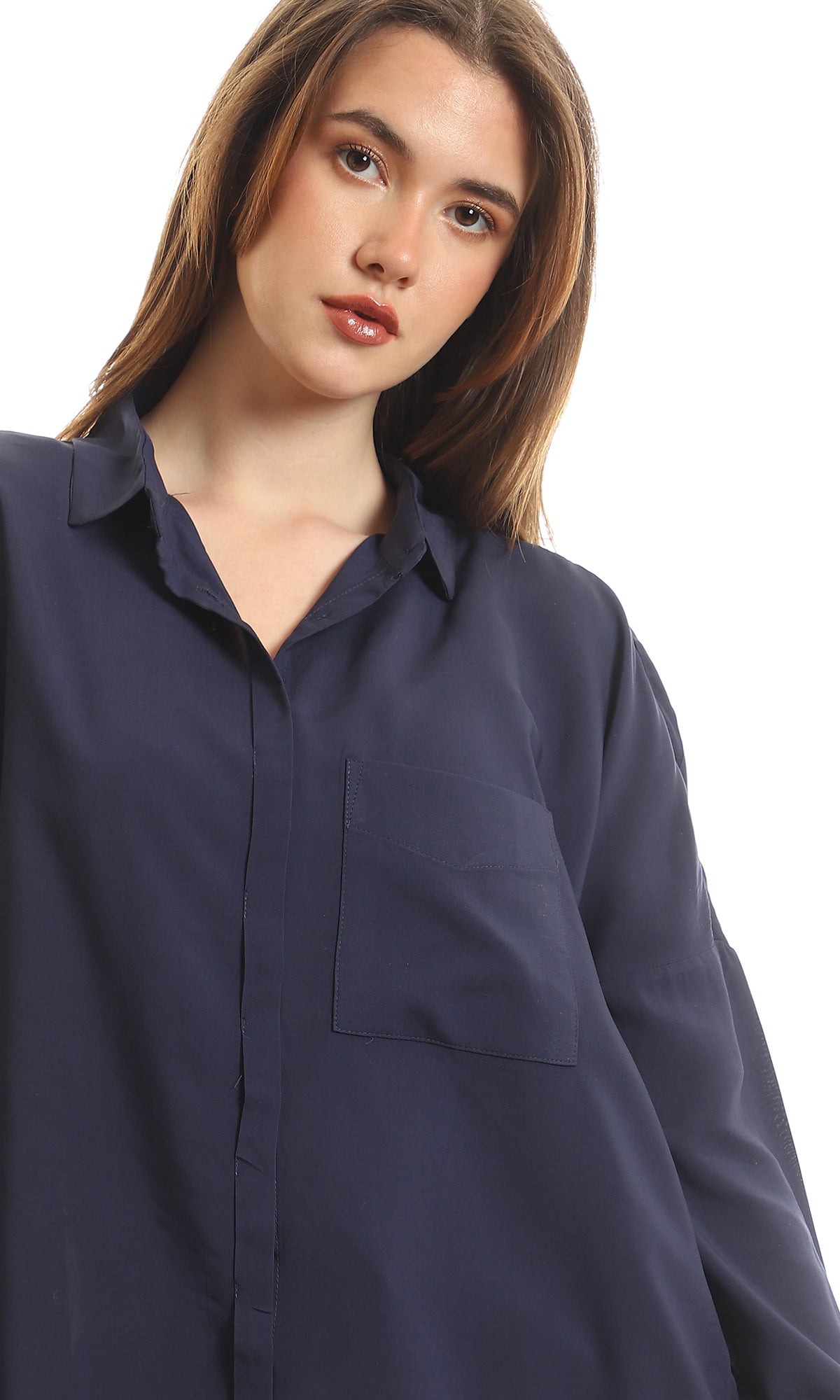 97631 Full Hidden Buttons Long Sleeves Shirt - Navy Blue