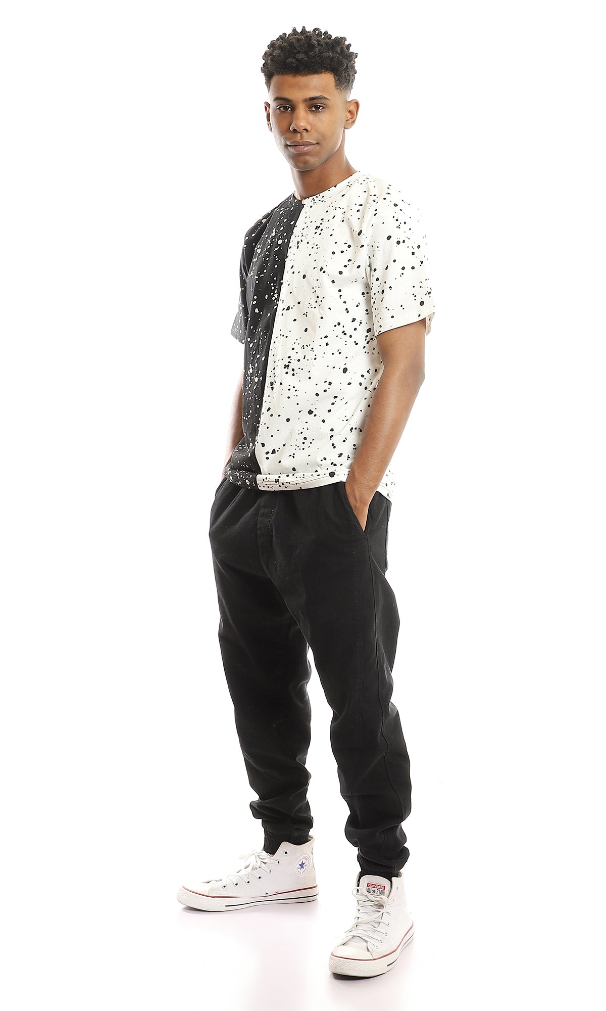 97644 Bi-Tone Black & White Crew Neck Splatter T-Shirt
