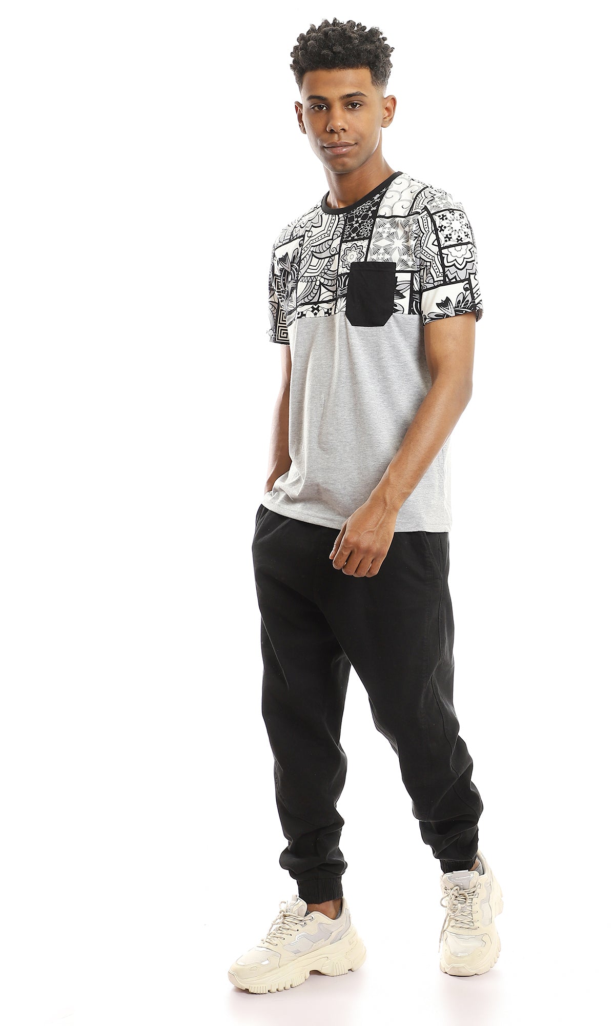 97650 Upper Patterned T-Shirt With Side Pocket - Heather Light Grey, Black & White