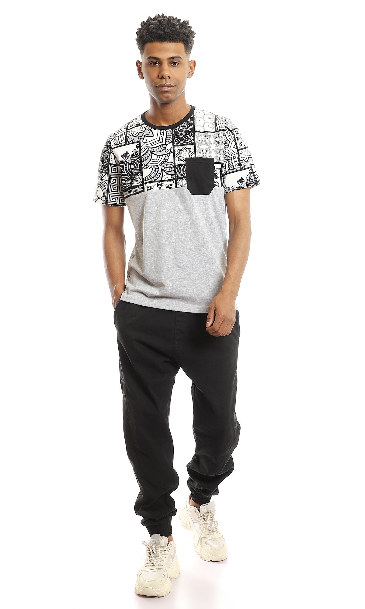 97650 Upper Patterned T-Shirt With Side Pocket - Heather Light Grey, Black & White