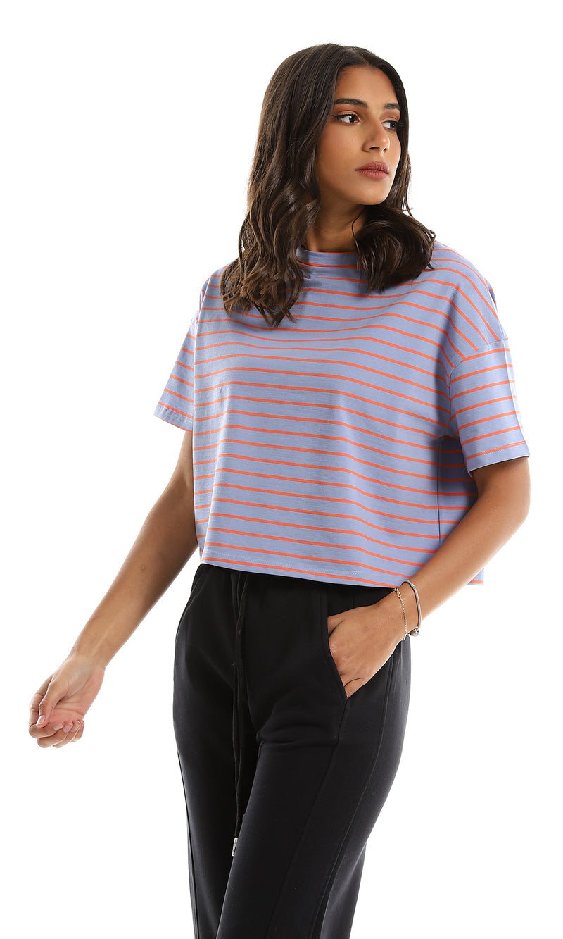 تي شيرت واسع مقلم بلونين أزرق وبرتقالي