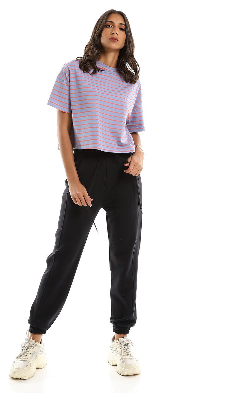 تي شيرت واسع مقلم بلونين أزرق وبرتقالي