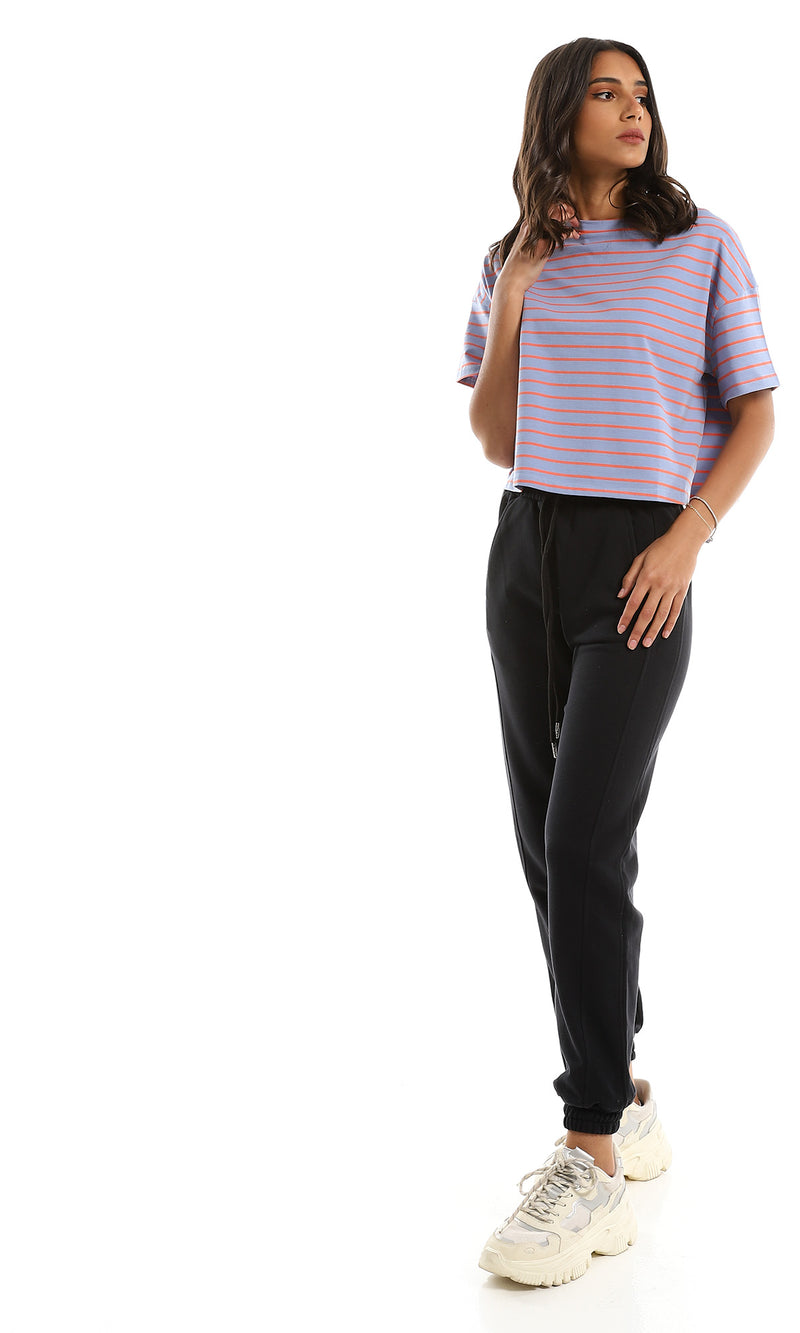 تي شيرت واسع مقلم بلونين أزرق وبرتقالي