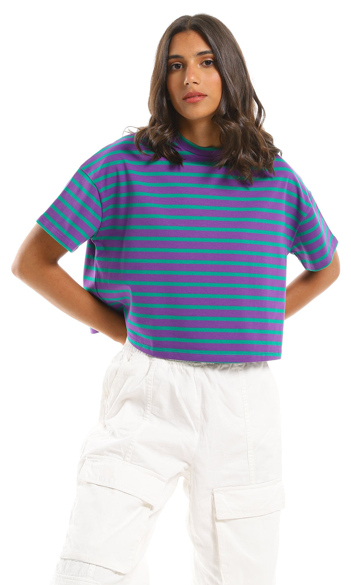 97653 Purple & Green Striped Short Sleeves Crew Neck T-Shirt