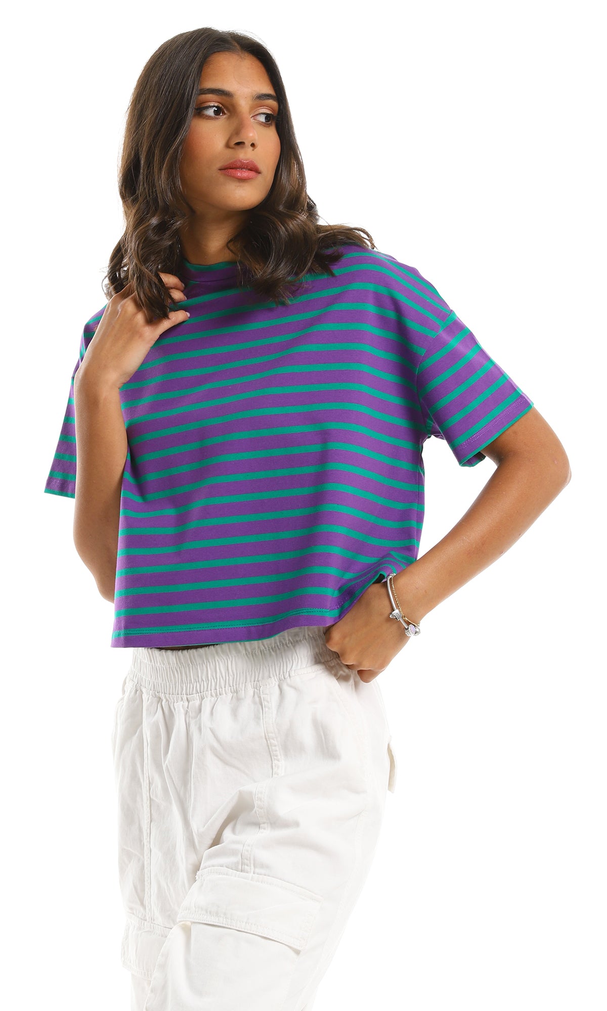 97653 Purple & Green Striped Short Sleeves Crew Neck T-Shirt