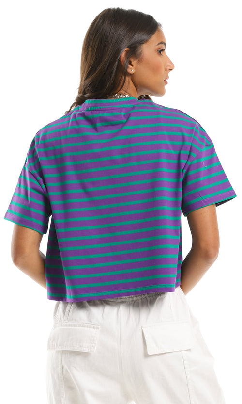 97653 Purple & Green Striped Short Sleeves Crew Neck T-Shirt