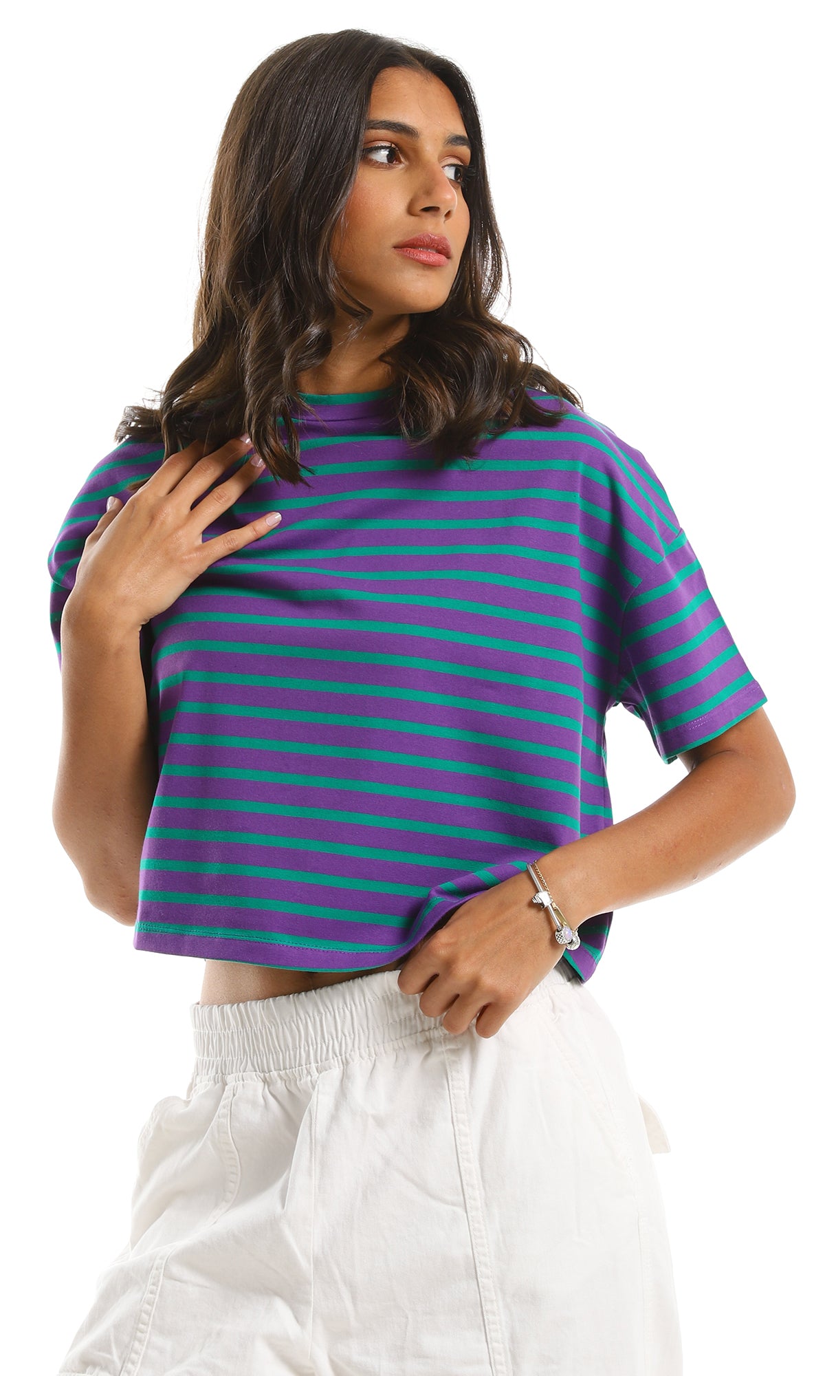 97653 Purple & Green Striped Short Sleeves Crew Neck T-Shirt