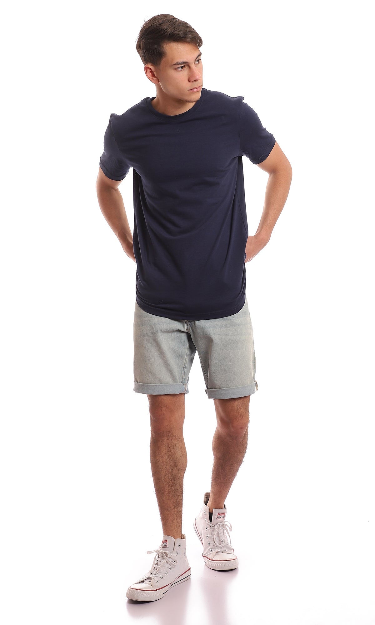 97691 Basic Round Plain Navy Blue Summer T-Shirt