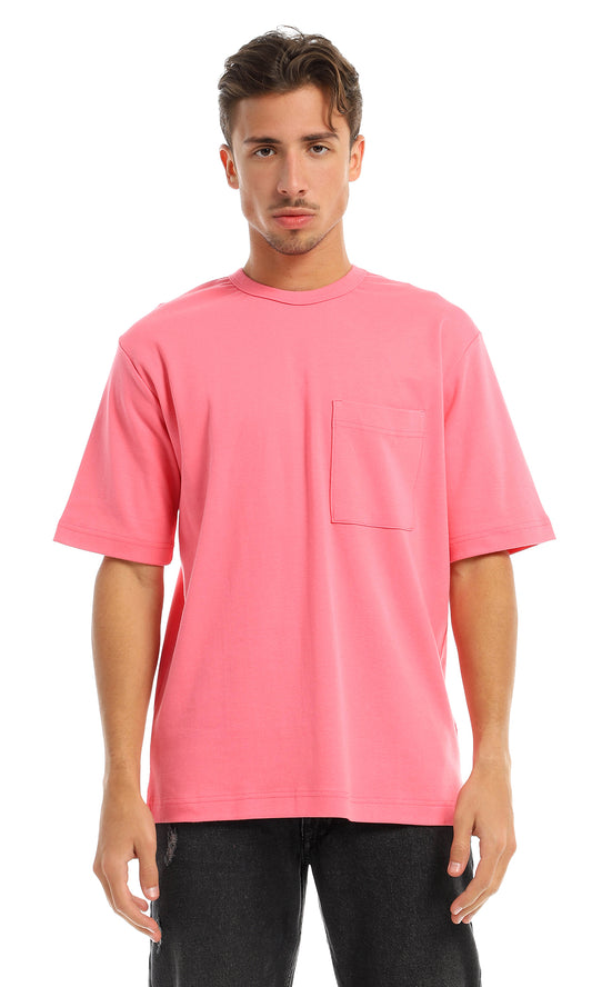 97705 Solid Basic Round Patched Pocket Light Pink T-Shirt