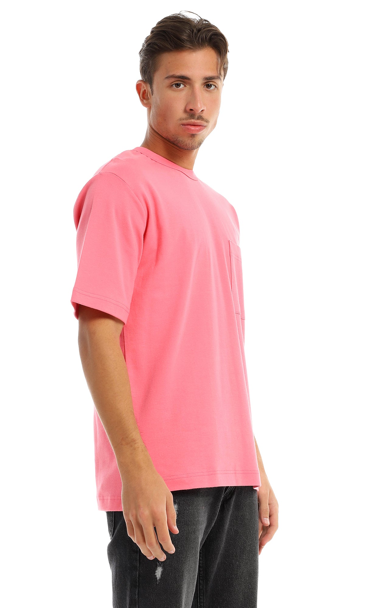 97705 Solid Basic Round Patched Pocket Light Pink T-Shirt