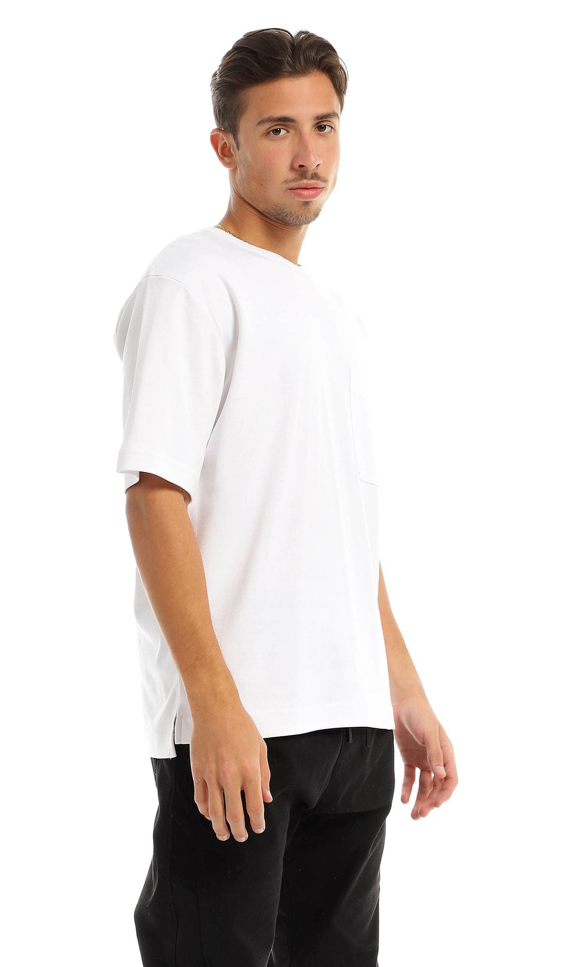 97708 Basic Round Patched Pocket White T-Shirt