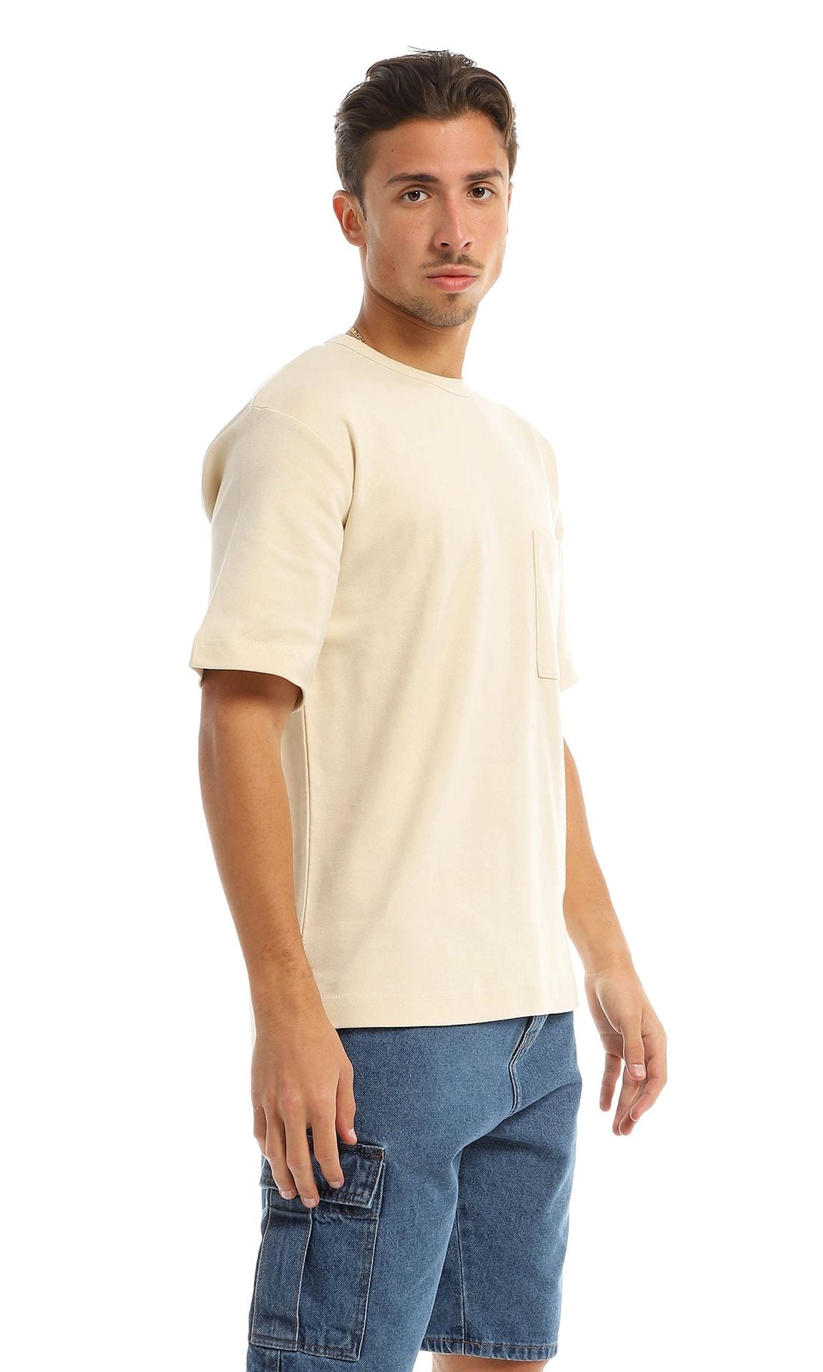 97709 Short Sleeves Basic Patched Pocket Light Beige T-Shirt