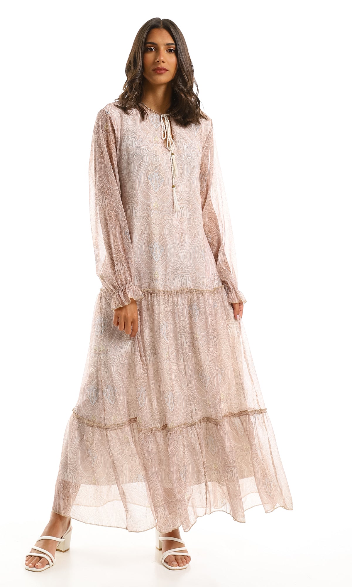 97711 Beige Modest Tiered Maxi Dress