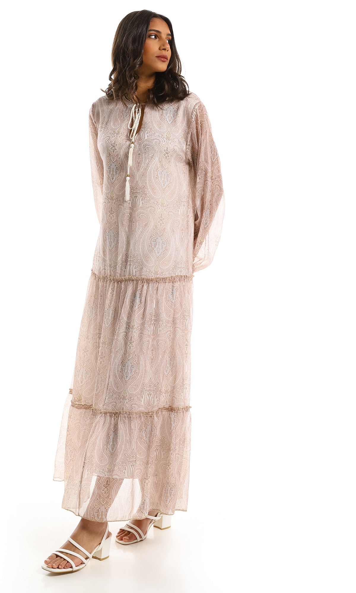 97711 Beige Modest Tiered Maxi Dress