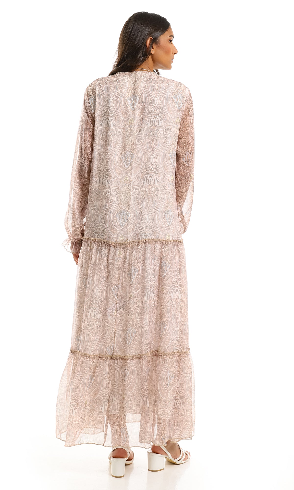 97711 Beige Modest Tiered Maxi Dress
