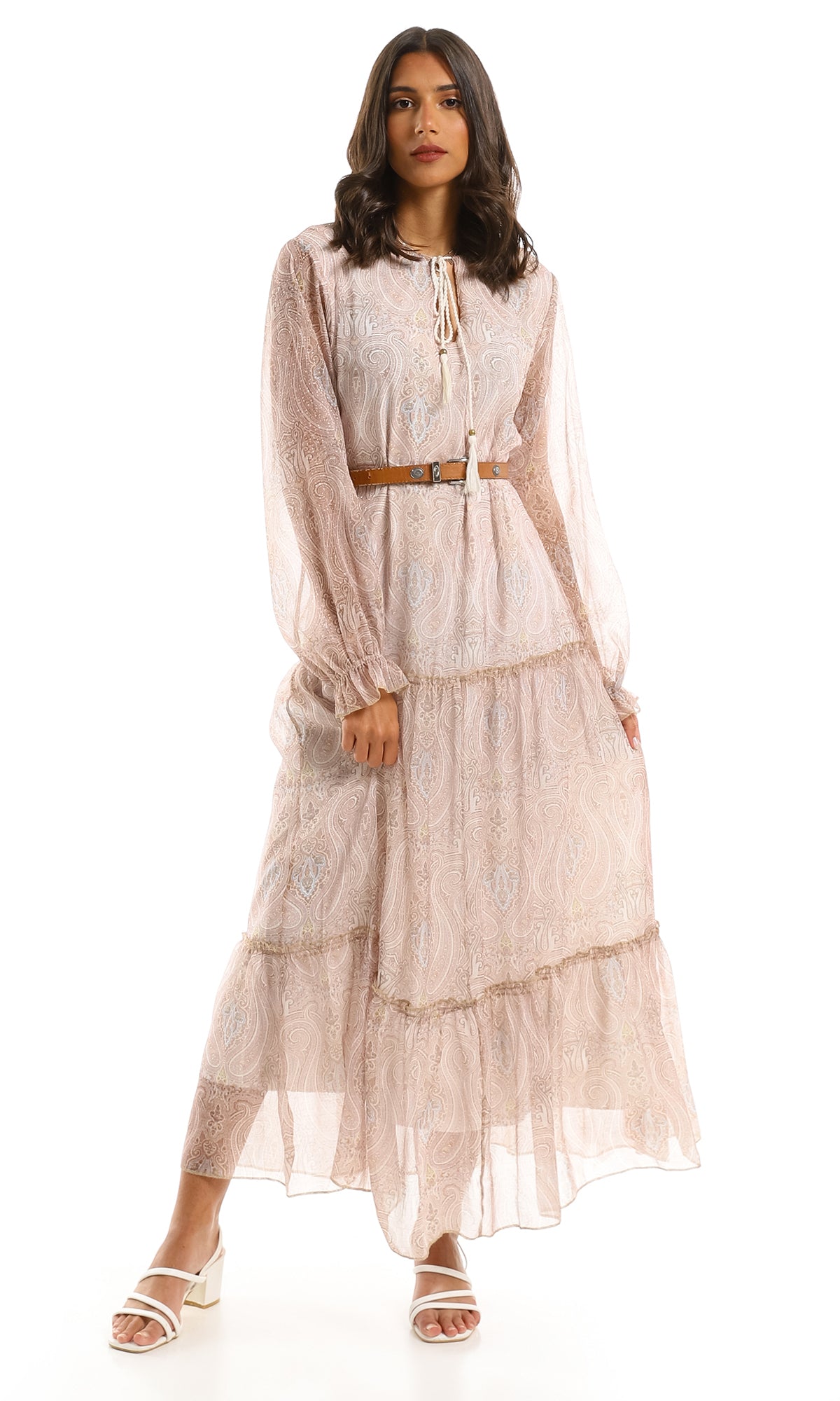 97711 Beige Modest Tiered Maxi Dress
