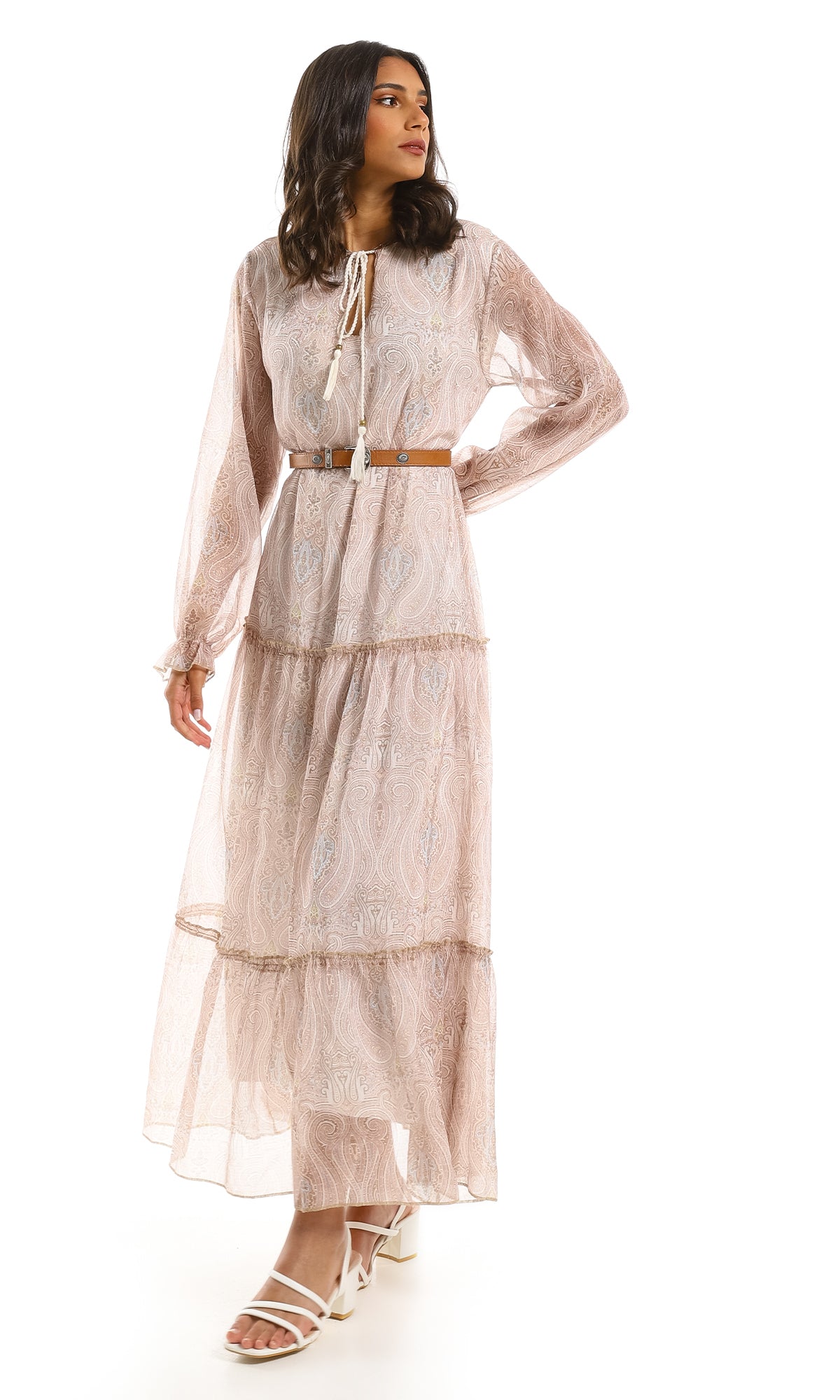 97711 Beige Modest Tiered Maxi Dress