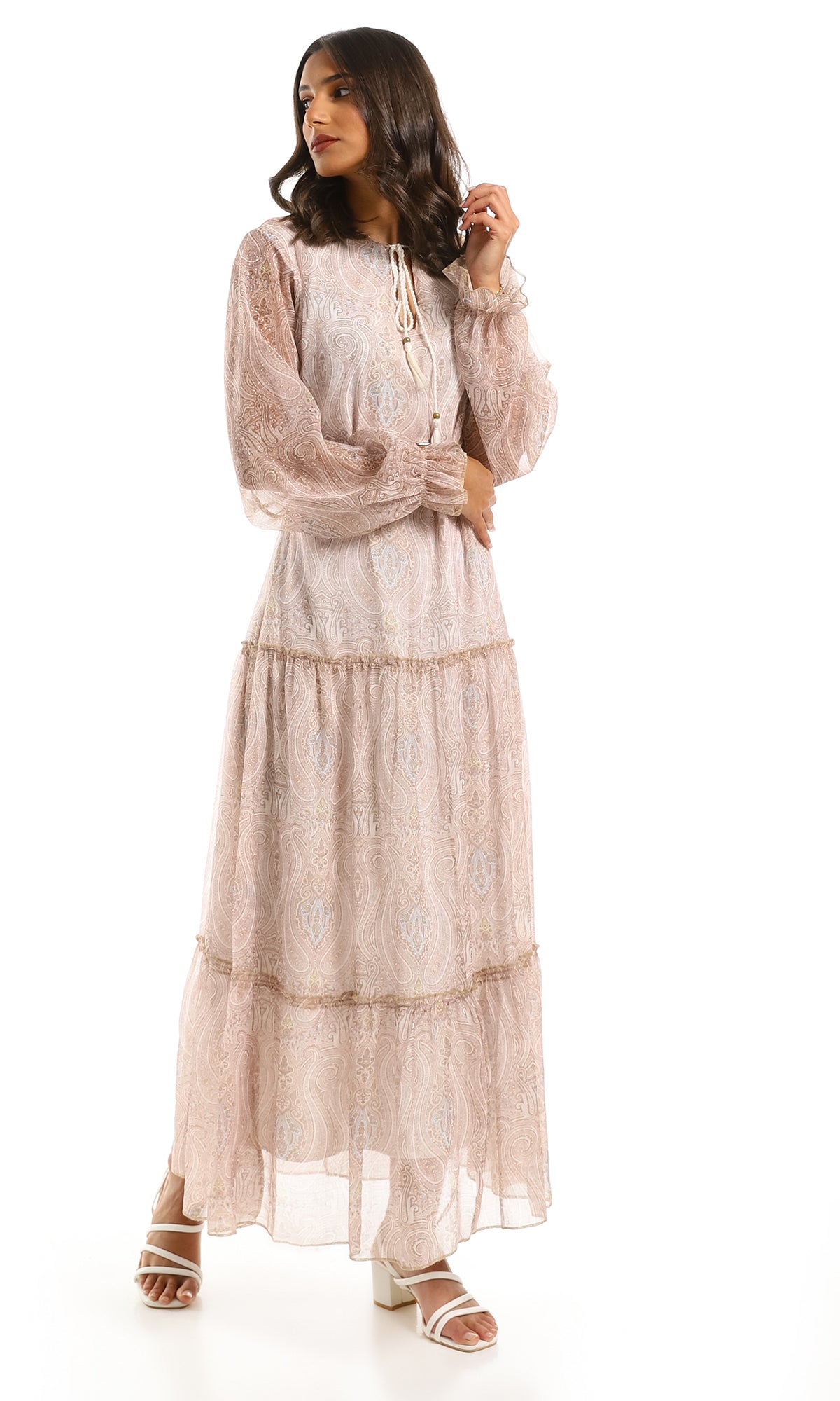 97711 Beige Modest Tiered Maxi Dress