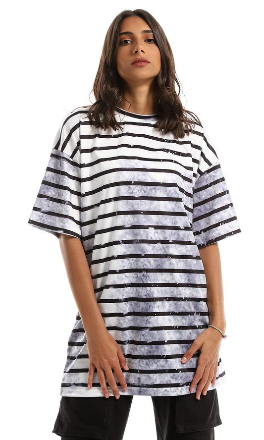 97718 Short Sleeves Striped With Tie Dye Long Tee - Navy Blue & White