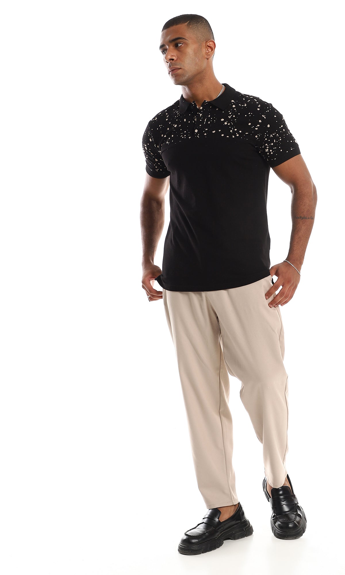 97720 Upper Splatter Cotton Polo Shirt - Black & Beige