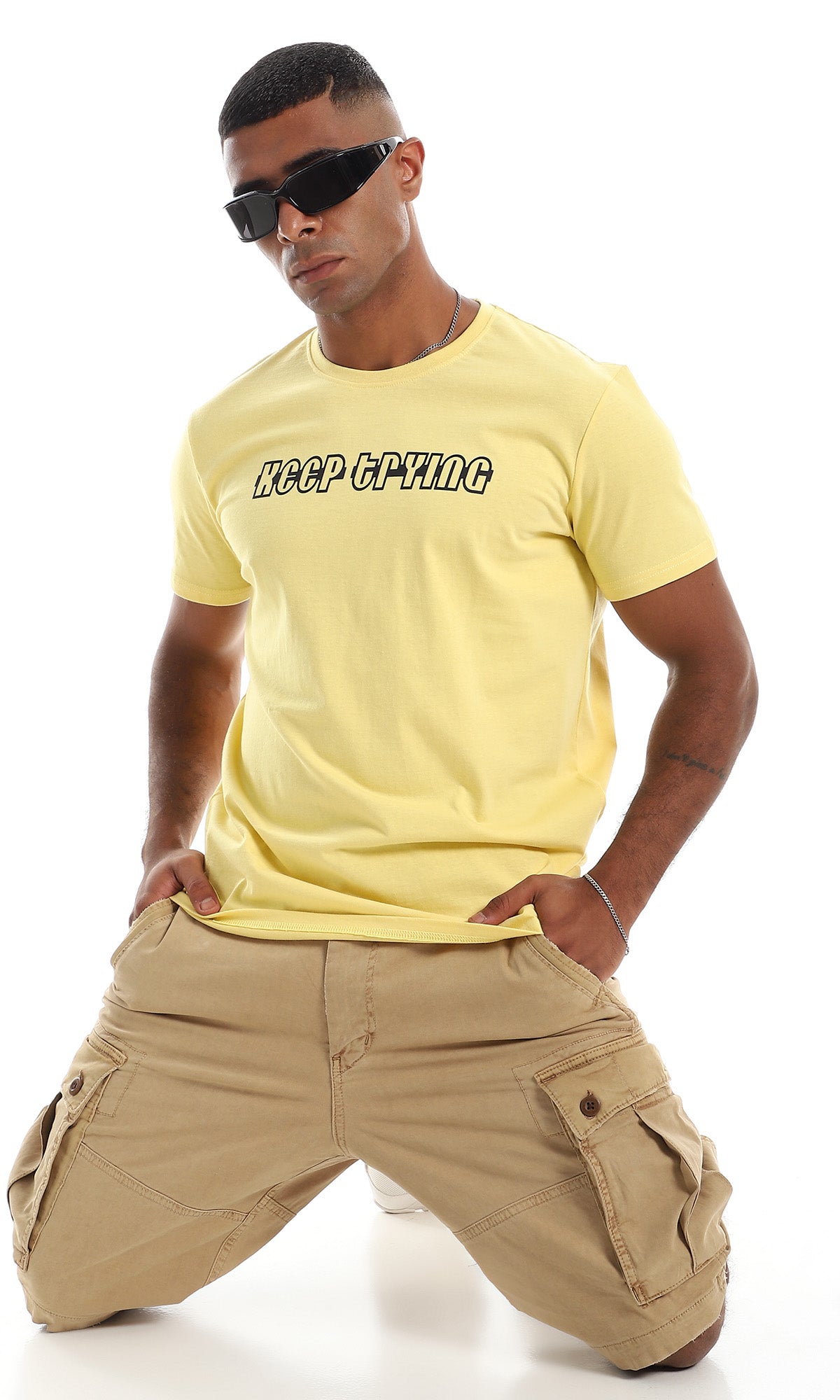 97737 "Keep Trying" Printed Cotton T-Shirt - Yellow