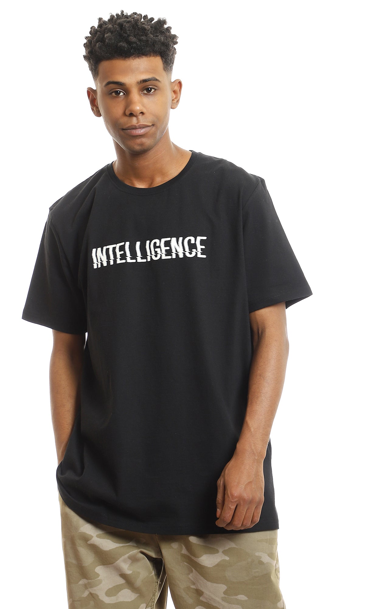 97739 Chest Print "Intelligence" Black Slip On Tee