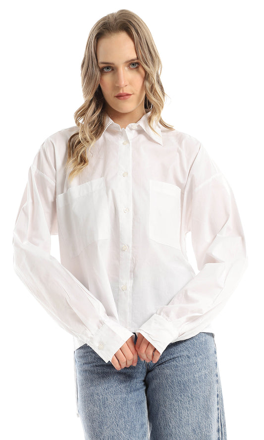 97756 Front Patched Pockets White High-Low Shirt