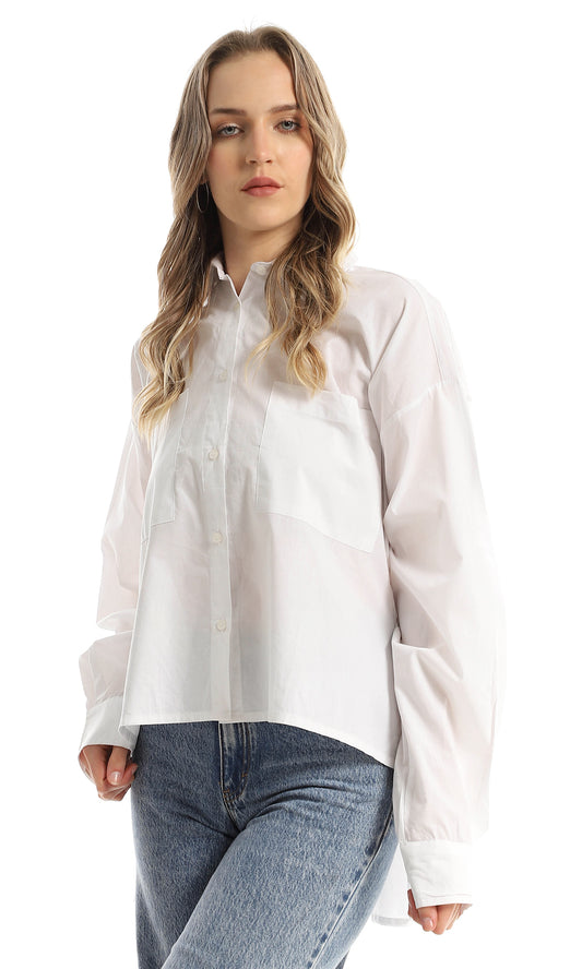 97756 Front Patched Pockets White High-Low Shirt