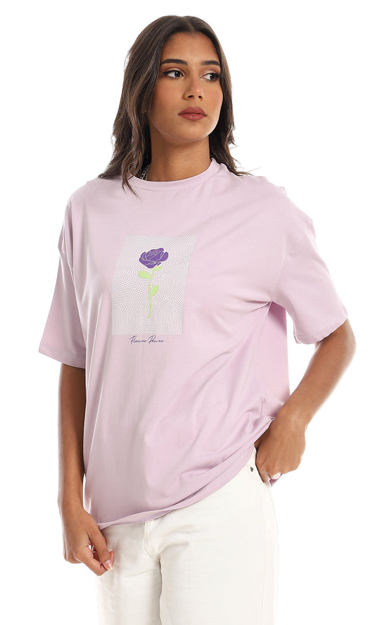 97773 Front Printed Floral Cotton T-Shirt - Lilac