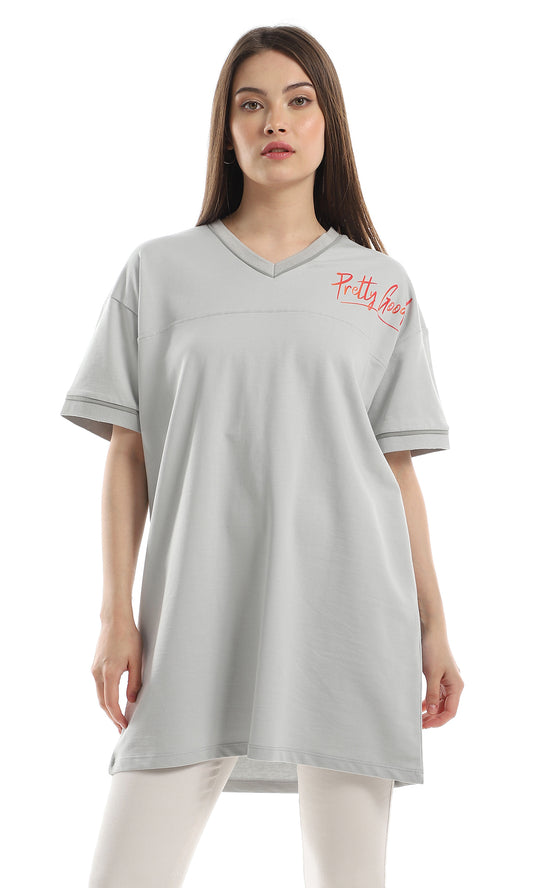97774 Slip On Loose Fit Printed T-Shirt - Light Grey