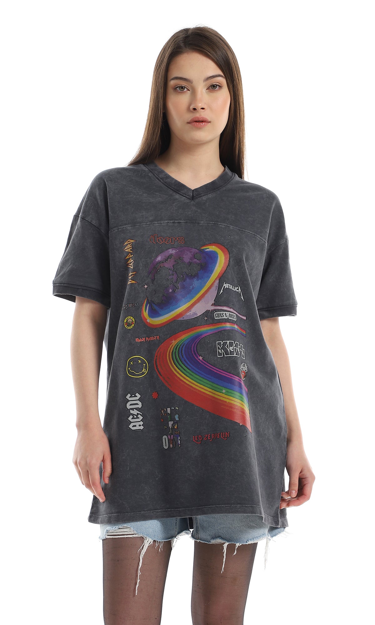 97775 V-Neck Printed Loose Slip On T-Shirt - Heather Black