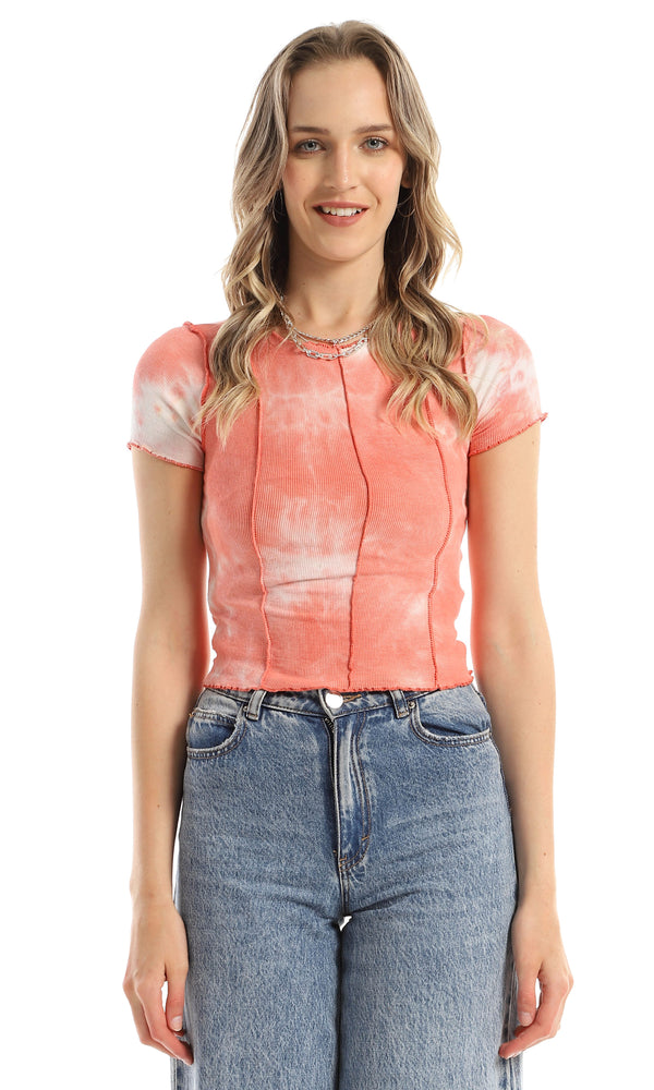 97787 Crew Neck Fluffy Tie Dye Coral Orange Top
