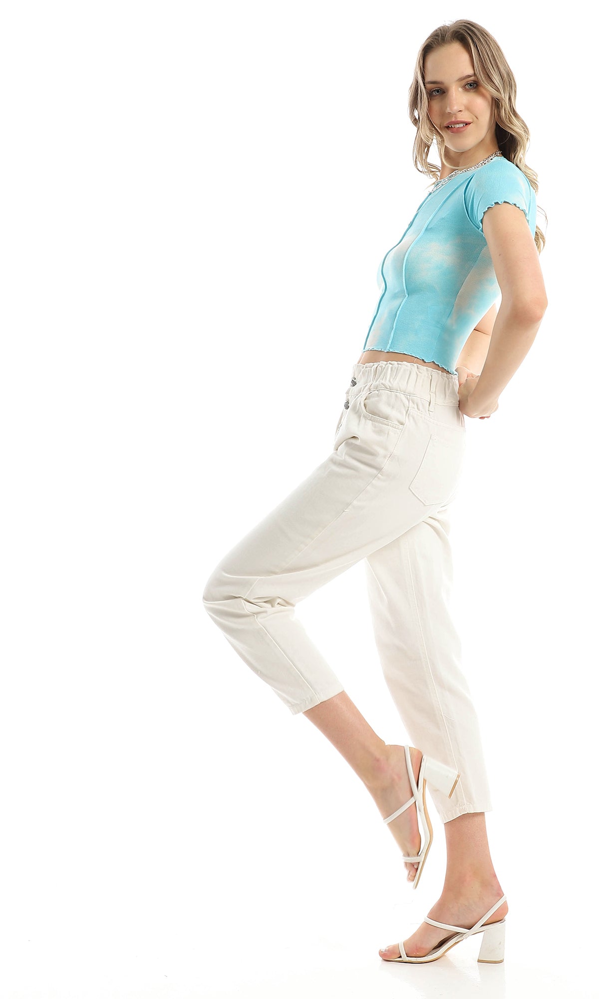 Sky Blue Tie-Dye Ribbed Slim Fit Cropped Top - 97788