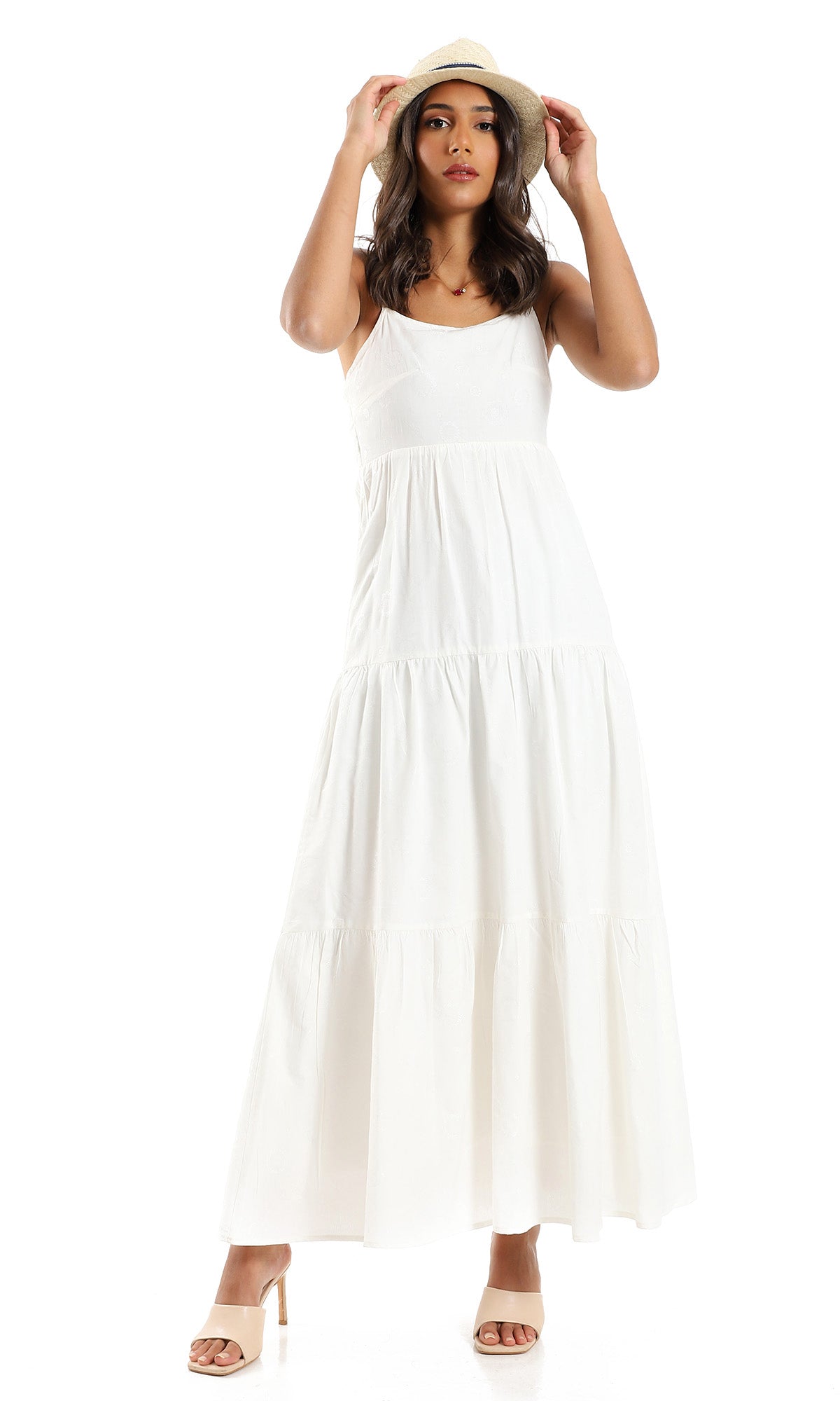 97795 Tiered Elegant Patterned Off White Dress