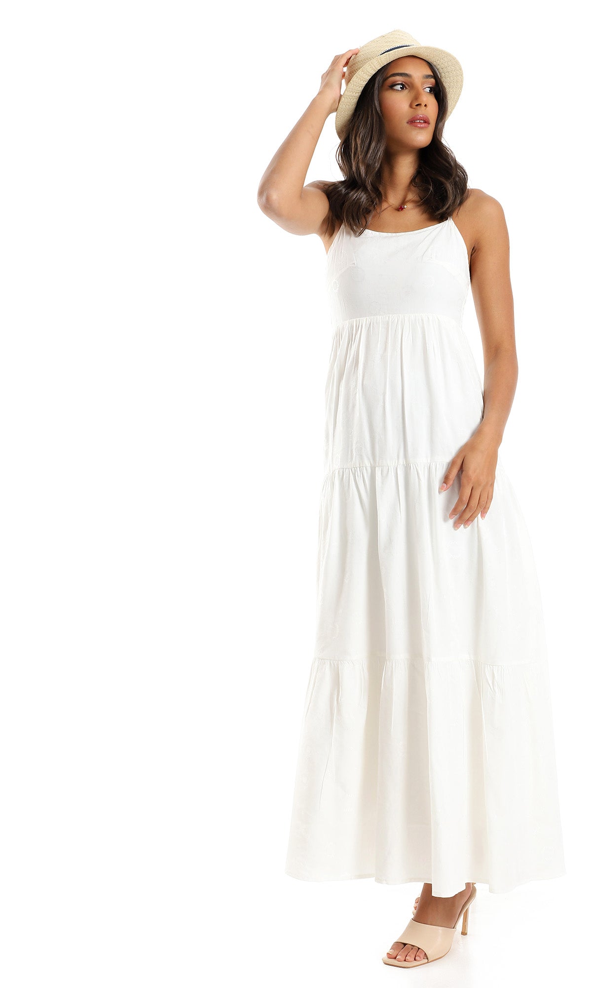 97795 Tiered Elegant Patterned Off White Dress